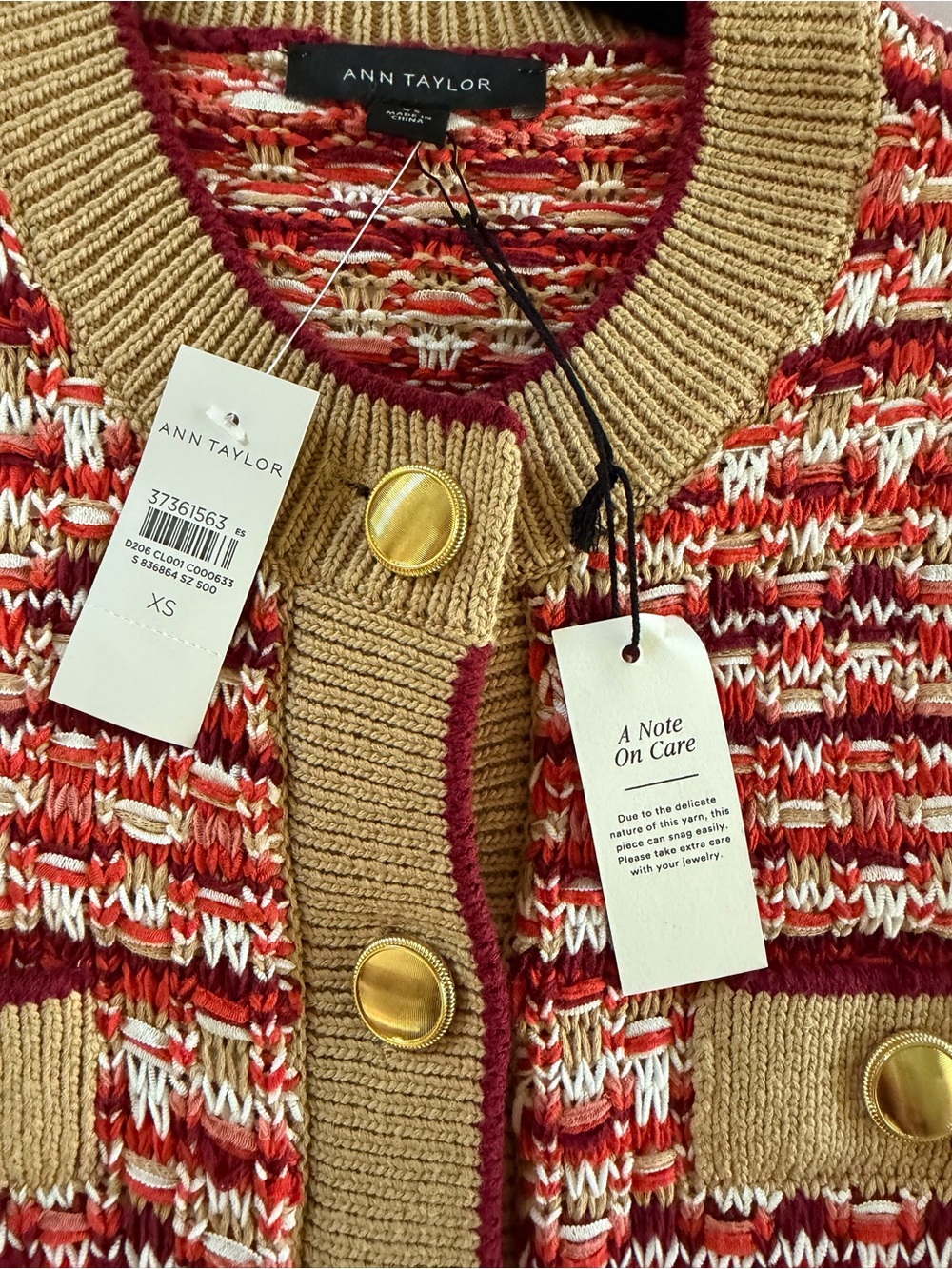 Ann Taylor Red & Cream Tweed-Style Button Cardigan - Picture 2 of 5